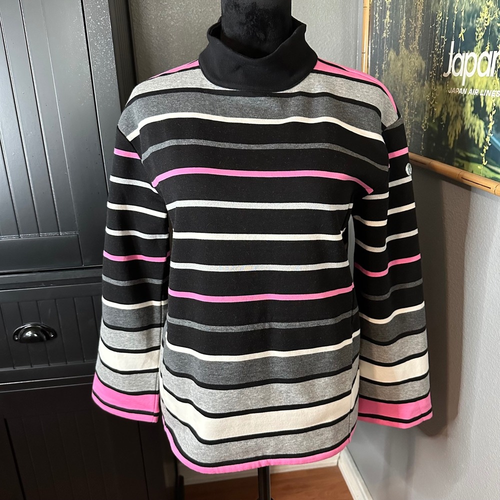 T‎ by Talbots Mock Neck Sweatshirt Womens SP Black Pink Striped Kangaroo Pocket